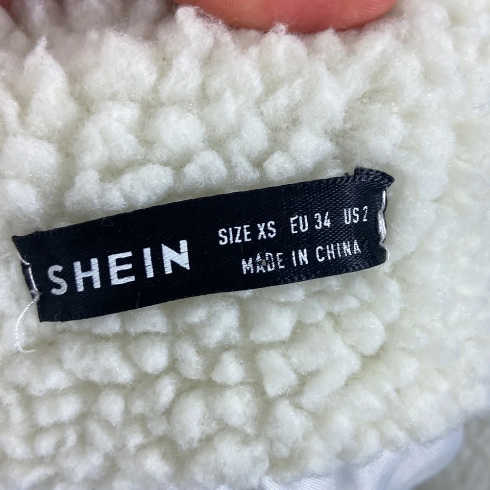 Shein Cream Double Flap Drop Shoulder Cropped Button Up Teddy Jacket XS - Picture 9 of 9